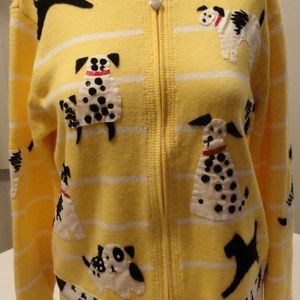 Susan Bristol Yellow Dog Print Knit Zip Front M